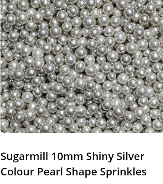 Sugarmill 10mm Shiny Silver Colour Pearl Shape Sprinkles